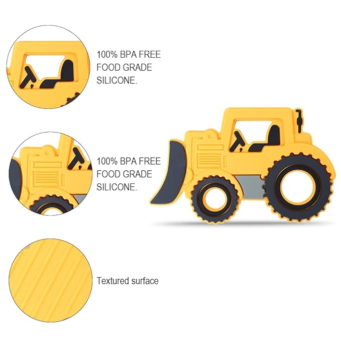 Baby Food Grade Silicone Carrier Vehicle Teether Toy with Pacifier Clip Holder,Teething Toys Gift Set for 3 Months+ Boys and Girls,Freezer Safe,BPA Free. (Bulldozer)