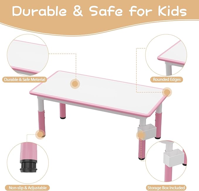 IDEALHOUSE Kids Table and 6 Chairs Set, Height Adjustable Toddler Table and Chair Set, Graffiti Desktop, Children Study Table for 6 for Home Daycare Preschool for Ages 2-10, Pink