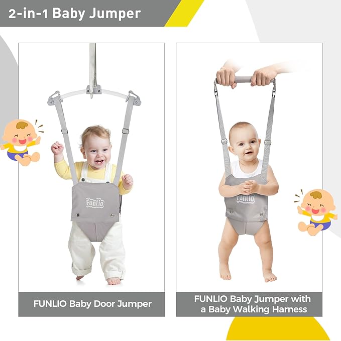 FUNLIO 2 in 1 Baby Door Jumper with Door Clamp, Baby Walking Harness for 6-24 Months, Infant Jumper Doorway with Strong Spring & Adjustable Strap, Easy to Assemble & Store - Grey
