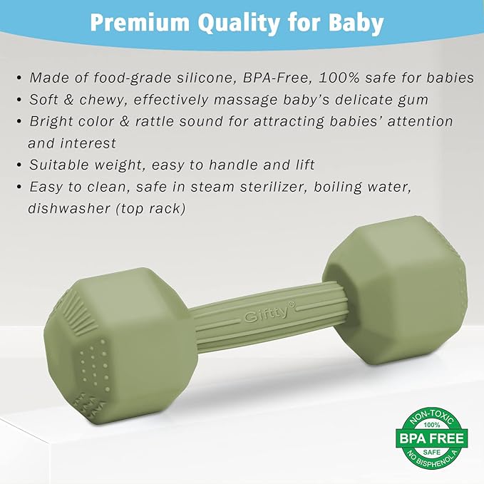 Baby Dumbbell Toy - Silicone Infant Rattle Teething Toy Teether Toddler Sensory Toy Durable Safe Exercises Workout Weight - Great Gift for Girls and Boys (1pcs - Green)