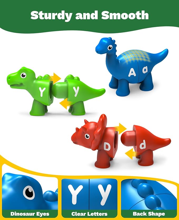 26PCS Dinosaur Alphabet Learning Toys for 18M+, Montessori Educational Toys for 3 4 5 Year Old, Toddlers Preschool Activities Fine Motor Toys for Boys, Double Sided ABC Matching Game