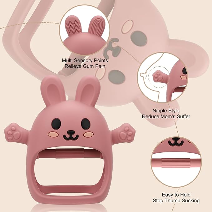 2 Pack Baby Teething Toys for 3-6 6-12 Months, Soft Silicone BPA Free Bunny Teething Mitten, Anti Drop Chew Teether Toys 0-3 6 9 12 Months for Babies Sucking Needs