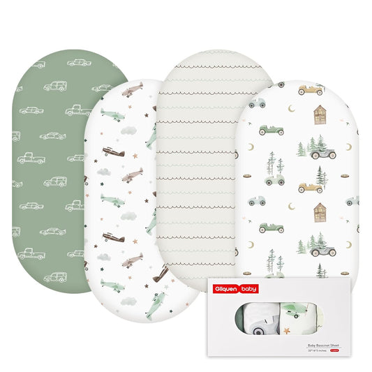 Gllquen Baby Bassinet Sheets 4 Pack, Breathable Cozy Fitted Mattress Sheet, Elastic Travel Crib Fashionable Pattern, Standard Cradle Safe Sheets for Baby Boys Girls 32"x16" (Car)