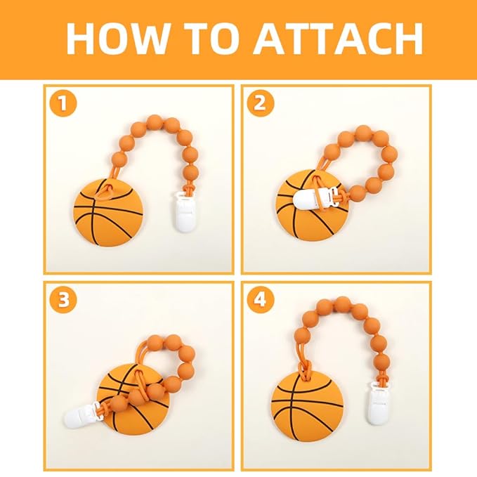 Baby Food Grade Silicone Sport Ball Teether Toy with Pacifier Clip Holder,Teething Toys Gift Set for 3 Months+ Boys and Girls,Freezer Safe,BPA Free. (Basketball)