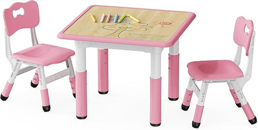 Brelley Kids Table and 2 Chairs Set, Height Adjustable Toddler Desk and Chair Set, Graffiti Desktop, Classroom/Daycare/Home, Children Multi-Activity Table for Ages 2-8