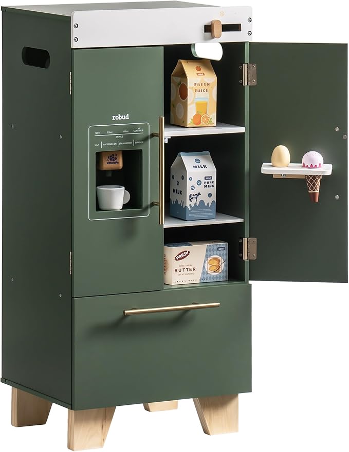 ROBUD Kids Play Kitchen - Vintage Green Refrigerator for Kids Kitchen Playset with Accessories - Pretend Toddlers' Kitchen Toy Fridge - Perfect Baby Gift for Ages 3+, Vintage Green