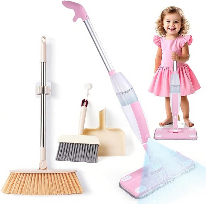 Kids Spray Mop,Toddler Mop Cleaning Set, Real Working Mini Mop & Kids Broom Dustpan Set, Housekeeping Pretend Play Toy, Montessori Kid Cleaning Toy Set Includes Organizer Clip -Pink