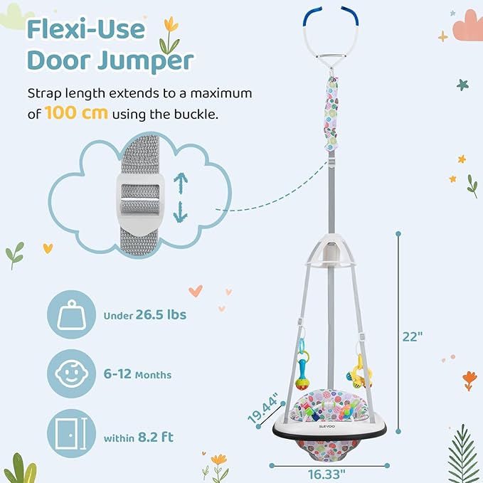 Slevoo Baby Jumper, Baby Door Jumper with Bumper, Play Tray and Two Jingle Rattles, Joyful Bubbles
