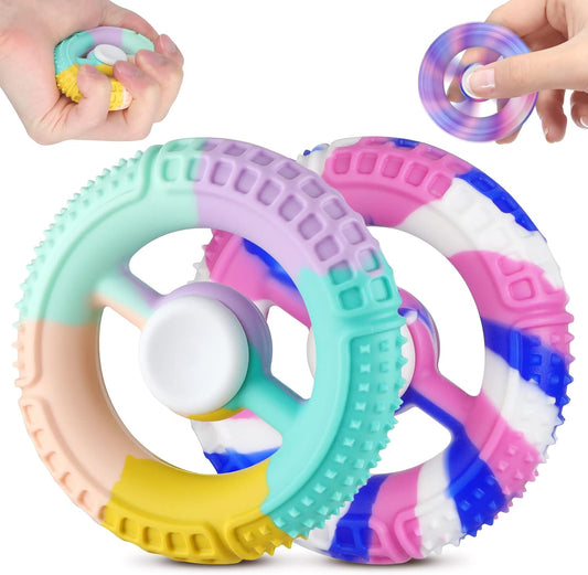 2Pcs Fidget Spinners,Squeeze Round Grip Ring Toy，Multi-Color Silicone Stress Relief Decompression Fingertip Spinner Gift for Kids, Sensory Bath Toys for 3-14 Year Old