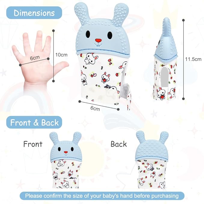 2Pack Silicone Teething Mitt, Rabbit Baby Teething Toy for 0-6 6-12 Months, Food Grade Silicone Infant Teething Mitten, BPA-Free Baby Chew Toys for Pain Relief, Sucking Needs