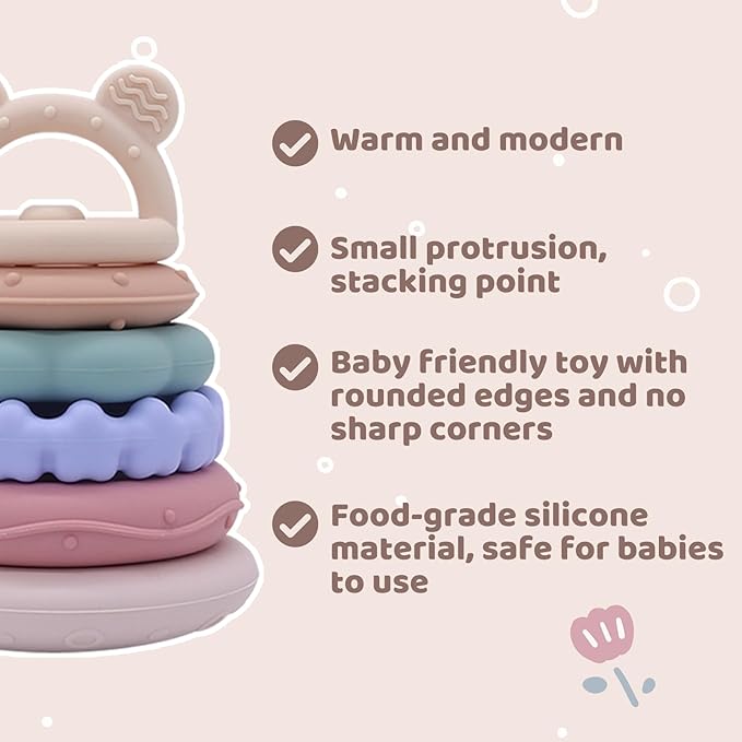 Baby Bear Teething & Stacking Toy Set - Teething Toys Silicone Teethers, Soft Baby Stacker Rings Teether, Learning Toy Gift for Boys and Girls 6+ Months (Pink)