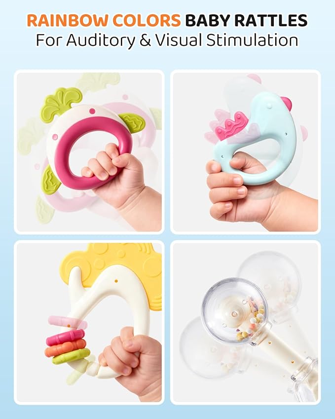 Baby Rattles & Teethers Toys 10-Piece Set, Sensory Toys for 0-12 Months Newborn Infants，Developmental Baby Shower Gift with Gift Box for Boys and Girls(BPA Free)