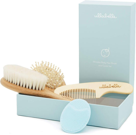 4 Piece Wooden Baby Hair Brush and Comb Set for Newborns & Toddlers in Chic Gift Box - Ultra Soft Natural Goat Hair and Wood Baby Brush Set Prevents Cradle Cap - Perfect Registry Gift (Blue)