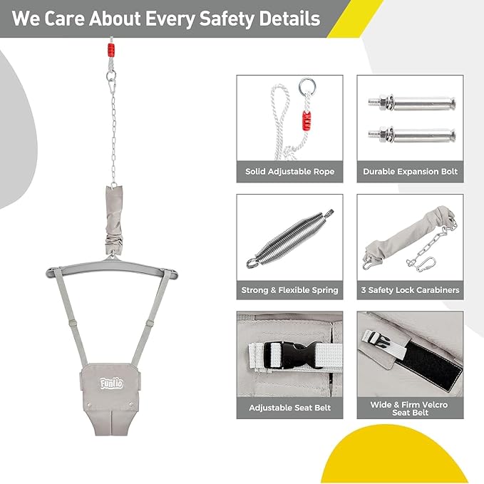 FUNLIO 2 in 1 Baby Jumper with a Ceiling Hook, Baby Walking Harness for 6-24 Months, Infant Jumper for Indoor/Outdoor Play, Infant Jumper Doorway with Adjustable Chain, Easy to Assemble & Store - Grey