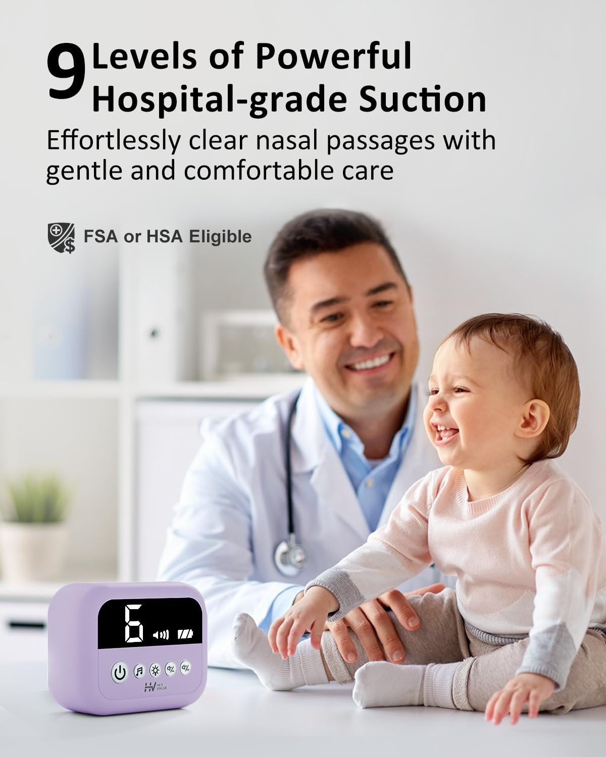 HEYVALUE Nasal Aspirator for Baby, Hospital Grade Nose Sucker with 9 Levels Suction, Night Light and Nursery Rhyme Soothing, Electric Nose Suction for Baby with Food-Grade Silicone Tips Purple