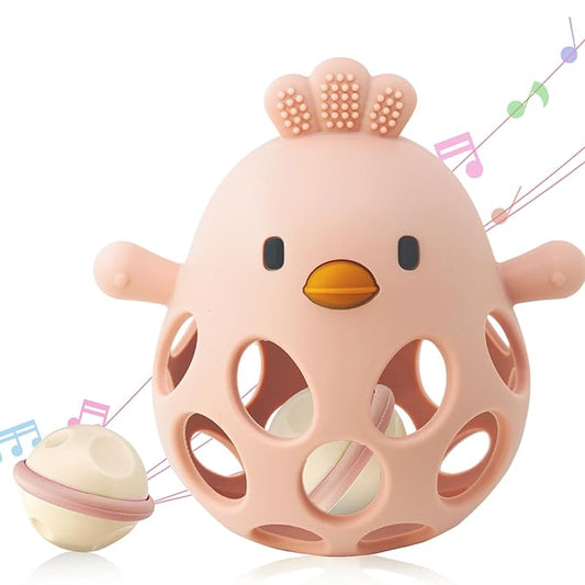 2-in-1 Baby Teething Rattle Toy, Sensory Grasping Teether for Infants 3-12 Months, 100% Food-Grade Silicone, Easy to Hold, Soothing & Developmental, BPA Free