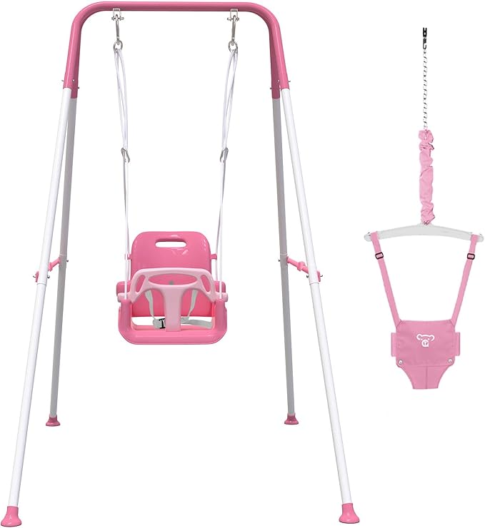 2 in 1 Toddler Swing & Baby Jumper, Foldable Baby Swing Outdoor & Indoor Use, Easily Installable and Storable (Pink)