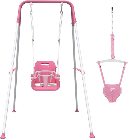 2 in 1 Toddler Swing & Baby Jumper, Foldable Baby Swing Outdoor & Indoor Use, Easily Installable and Storable (Pink)