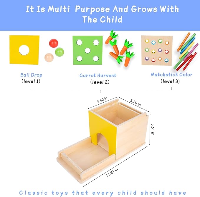 Adena Montessori 5 in 1 Wooden Montessori Play Kit Baby Toys,Object Permanence Box,Matchstick Color Drop,Cotton Swab Drop Game,Carrot Harvest and Coin Box for Kid 1 Year Old,Gift for Baby 6-12 Month