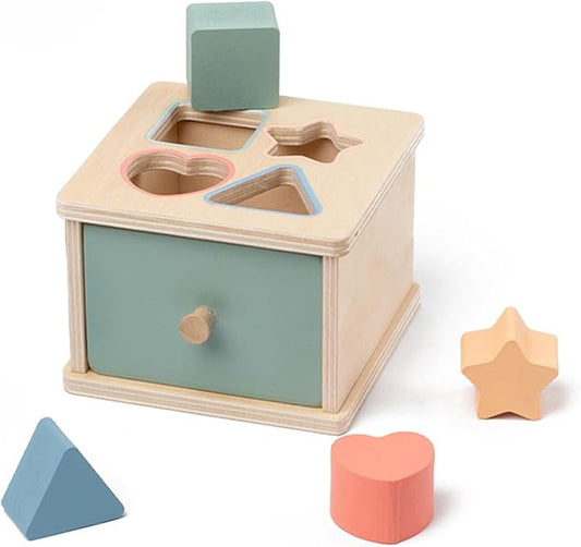 Montessori Toys for 2 3 4 5 Year Old - Wooden Object Permanence Box with Drawer Sensory Toys Shape Sorter Color Sorting Education for Baby Toddler Boy Girl Drop Busy Box (B-Blocks)