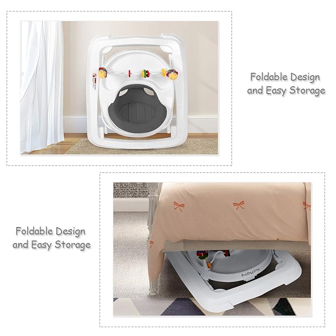 BABY JOY Baby Walker, Foldable Activity Walker with Adjustable Height, Large Tray & Removable Toys, Baby Walker with Wheels for Boys Girls 6-18 Months (Gray)