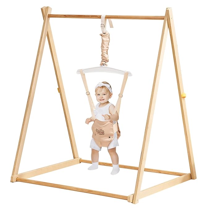 FUNLIO Montessori Wooden Baby Jumper with Stand for 6-36 Months, Adjustable Baby Bouncer for Indoor/Outdoor Play, Foldable Toddler Jumper for Baby Girl/Boy, Easy to Assemble & Store