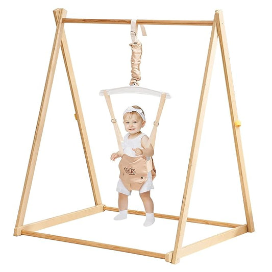 FUNLIO Montessori Wooden Baby Jumper with Stand for 6-36 Months, Adjustable Baby Bouncer for Indoor/Outdoor Play, Foldable Toddler Jumper for Baby Girl/Boy, Easy to Assemble & Store