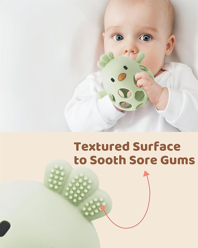 2-in-1 Baby Teething Rattle Toy, Sensory Grasping Teether for Infants 3-12 Months, 100% Food-Grade Silicone, Easy to Hold, Soothing & Developmental, BPA Free
