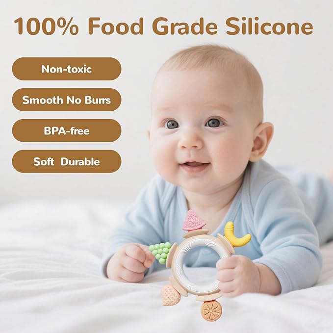 Hooku Silicone Teethers for Babies 6-12 Months, Teething Toys for Babies 0-6 Months, Baby Fruit Teethering Rings, BPA Free Baby Chew Toys, Infants Gifts
