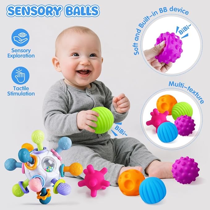 6 in 1 Baby Toys 6 to 12 Months, Montessori Toy for 1 Year Old, Infant Teething Toy Stacking Blocks Cups,Sorting Sensory Bin, Matching Egg Sensory Ball Educational Learning Gift for Toddlers Aged 1-3
