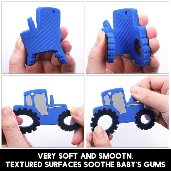 Baby Food Grade Silicone Tractor Truck Teether Toy with Pacifier Clip Holder,Teething Toys Gift Set for 3 Months+ Boys and Girls,Freezer Safe,BPA Free. (Blue)