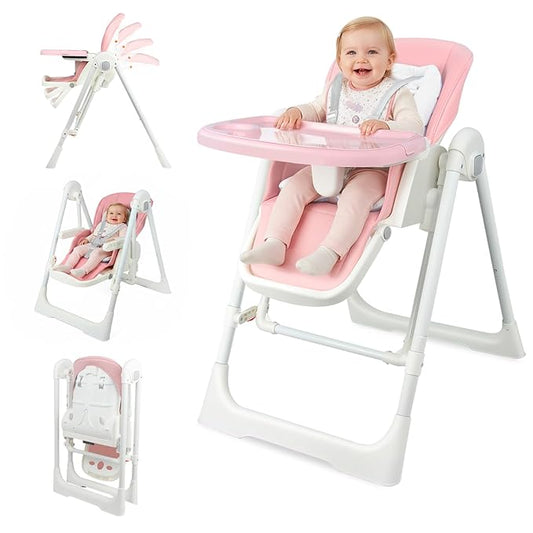 High Chairs for Babies and Toddlers Foldable High Chair Adjustable with Reclining Seat & Leg Rest, 3-in-1 Convertible Baby Swings with Tool-Free Assembly (Pink)