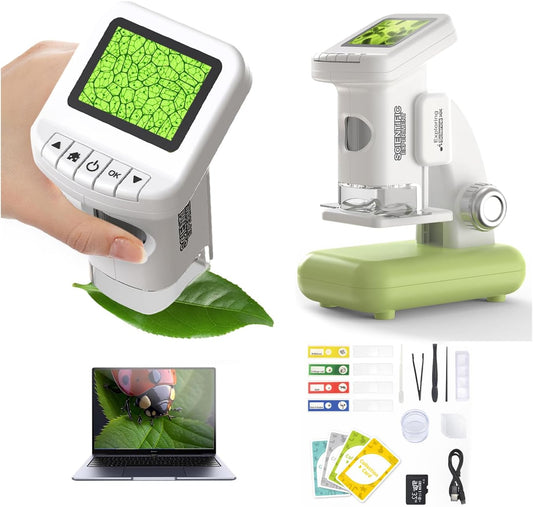 1200X Microscope for Kids with 2 inch Screen STEM Digital Science Kit Rechargeable Handheld Mini Pocket Children Students Slides Portable Gift for Kids Ages 6 to 12 (Green)