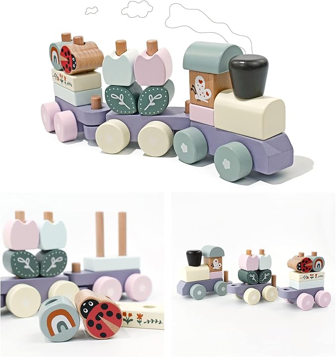 Wooden Stacking Train Toy Set,Wooden Building Blocks Train with Shape Sorter Early Learning Gift for Toddlers Boys Girls 12 Months and up