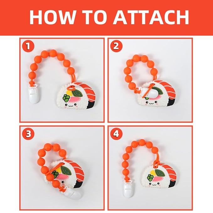 Baby Food Grade Silicone Teether Toy with Pacifier Clip Holder,Teething Toys Gift Set for 3 Months+ Boys and Girls,Freezer Safe,BPA Free. (Sushi)