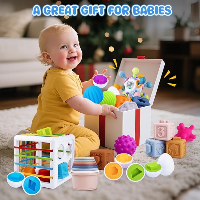 6 in 1 Baby Toys 6 to 12 Months, Montessori Toy for 1 Year Old, Infant Teething Toy Stacking Blocks Cups,Sorting Sensory Bin, Matching Egg Sensory Ball Educational Learning Gift for Toddlers Aged 1-3