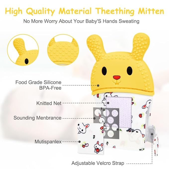 2Pack Silicone Teething Mitt, Rabbit Baby Teething Toy for 0-6 6-12 Months, Food Grade Silicone Infant Teething Mitten, BPA-Free Baby Chew Toys for Pain Relief, Sucking Needs
