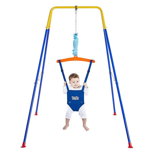 FUNLIO Baby Jumper with Stand for 6-24 Months, Infant Jumper for Indoor/Outdoor Play,Baby Bouncer for Baby Girl/Boy, with Adjustable Chain, Easy to Assemble & Store (with Stand) - Blue