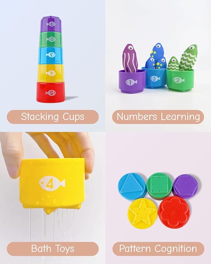 Montessori Toys for 1 Year Old, Cloth Fishing Game for Toddlers 1-3 with Stacking Cups, Baby Boy Girl First Birthday Gift, Color Sorting | Number Counting | Shape Learning