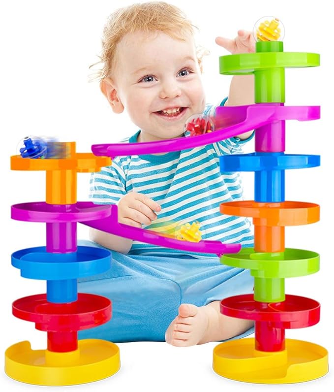 WEofferwhatYOUwant Advanced Ball Drop Toy – 16-Piece STEM Playset for Toddlers with 2 Purple Bridges & 8 Spiral Ramps | Creative Building Fun | Safe 9M+ | Interactive Family Play | Durable, Stackable