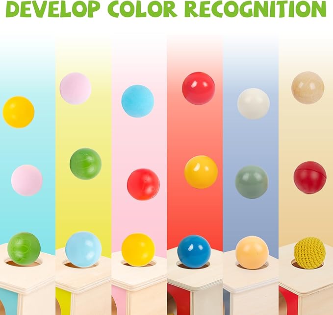 Adena Montessori Wooden Toy for 6-12 Month Baby 3 Balls with Tray, Object Permanence Box Colorful Learning Education Toy for Toddler Kid 1-2 Year Old, Preschool Developmental Girl and Boy Gift