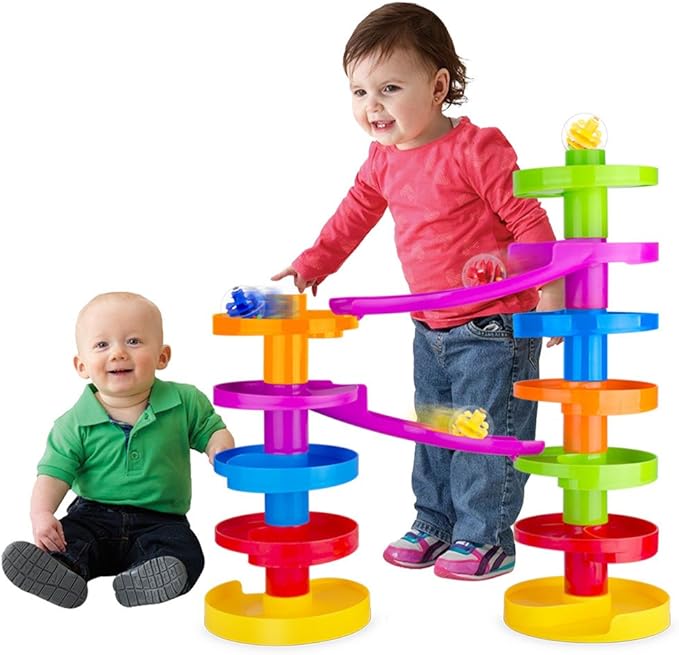 WEofferwhatYOUwant Advanced Ball Drop Toy – 16-Piece STEM Playset for Toddlers with 2 Purple Bridges & 8 Spiral Ramps | Creative Building Fun | Safe 9M+ | Interactive Family Play | Durable, Stackable