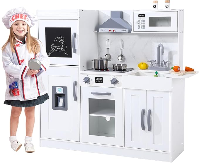 Kids Kitchen Playset,Wooden Play Kitchen Playset with Ice Maker Microwave,Oven and Other Accessories,Chef Pretend Play for Toddlers with Real Lights & Sound,Toy Gift for Boys Girls