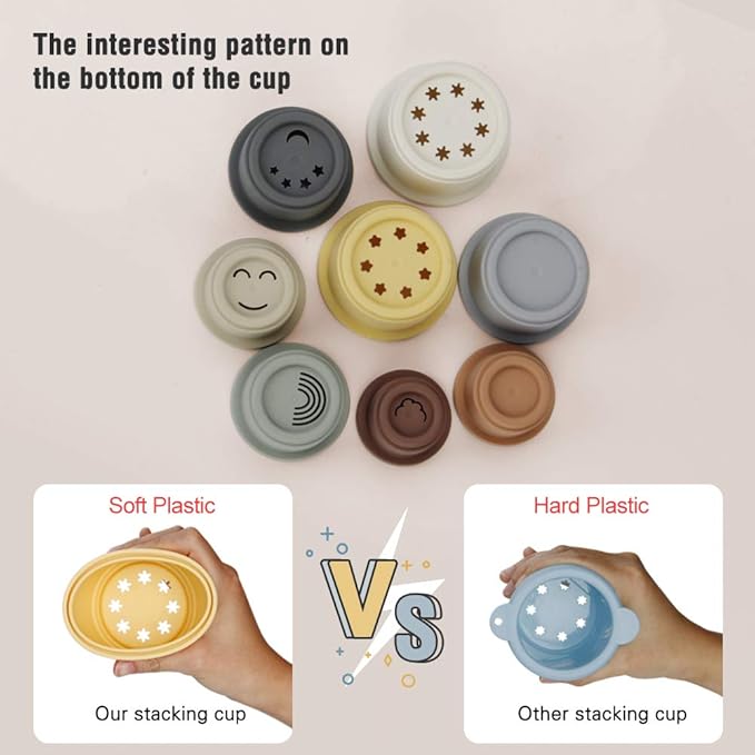 BOBXIN Stacking Cups Baby Building/Bathtub/Beach Toy, Nesting Cup Early Educational Montessori Toddlers Stacking Toy, 8 Pcs with Numbers & Pattern, Fun for Kid Baby 6-12 Months Play for Indoor/Outdoor