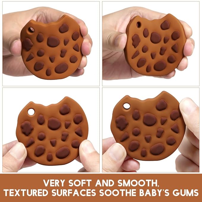 Baby Food Grade Silicone Teether Toy with One Piece Design Pacifier Clip Holder,Teething Toys Gift Set for 3 Months+ Boys and Girls,Freezer Safe,BPA Free. (Cookie)