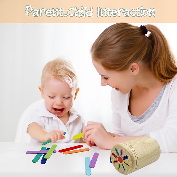 Wooden Montessori Sticks Toys for Kids, 8 Colors Natural Wood Toddler Learning Sorting Toys for 3 Year Old, Sensory Matching Game Birthday Gifts for Boys Girls (Ice Cream Sticks)