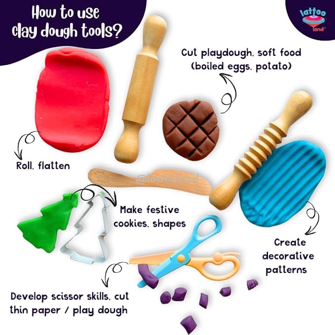 Dough Tools Set of 5 - Sculpting Tools to Roll, Cut, Flatten | Wooden Rollers & Knife | Child-Safe Scissor | Pretend Play Kitchen | Clay Mould for Kids Ages 2-7 | Art & Craft
