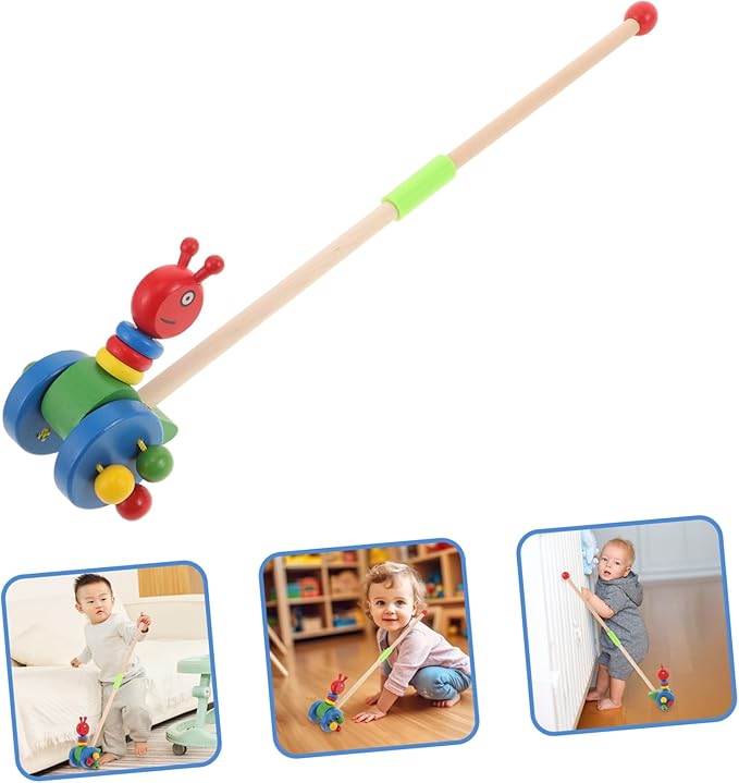 Yardwe Toddler Push Walker Wooden Trolley with Cartoon Animal Design Rolling Wheels for Indoor Outdoor Play Baby Push Pull Toy for Motor Skill Development