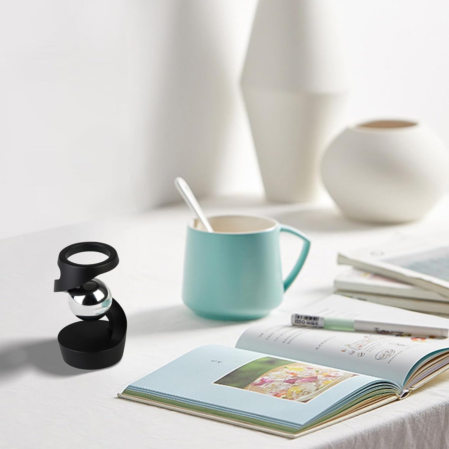 Gravity Defying Kinetic Desk Toy, Desktop Suspended Gyroscope, Executive Desk Toy Levitating Spinning Metal, Rotating Spinner with Floating Ball for Desktop Decor (Black)