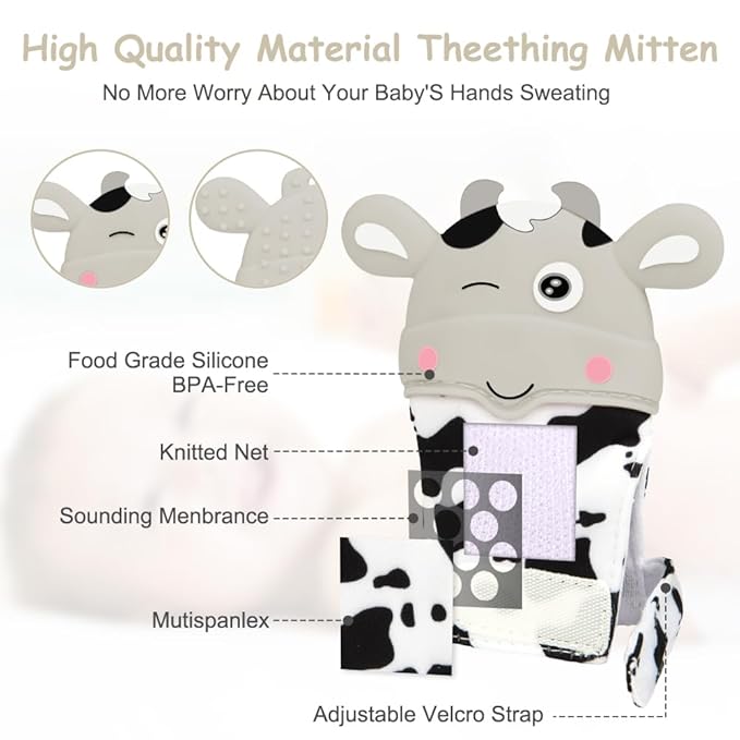 2Pack Silicone Teething Mitt, Cow Baby Teething Toy for 0-6 6-12 Months, Food Grade Silicone Infant Teething Mitten, BPA-Free Baby Chew Toys for Pain Relief, Sucking Needs